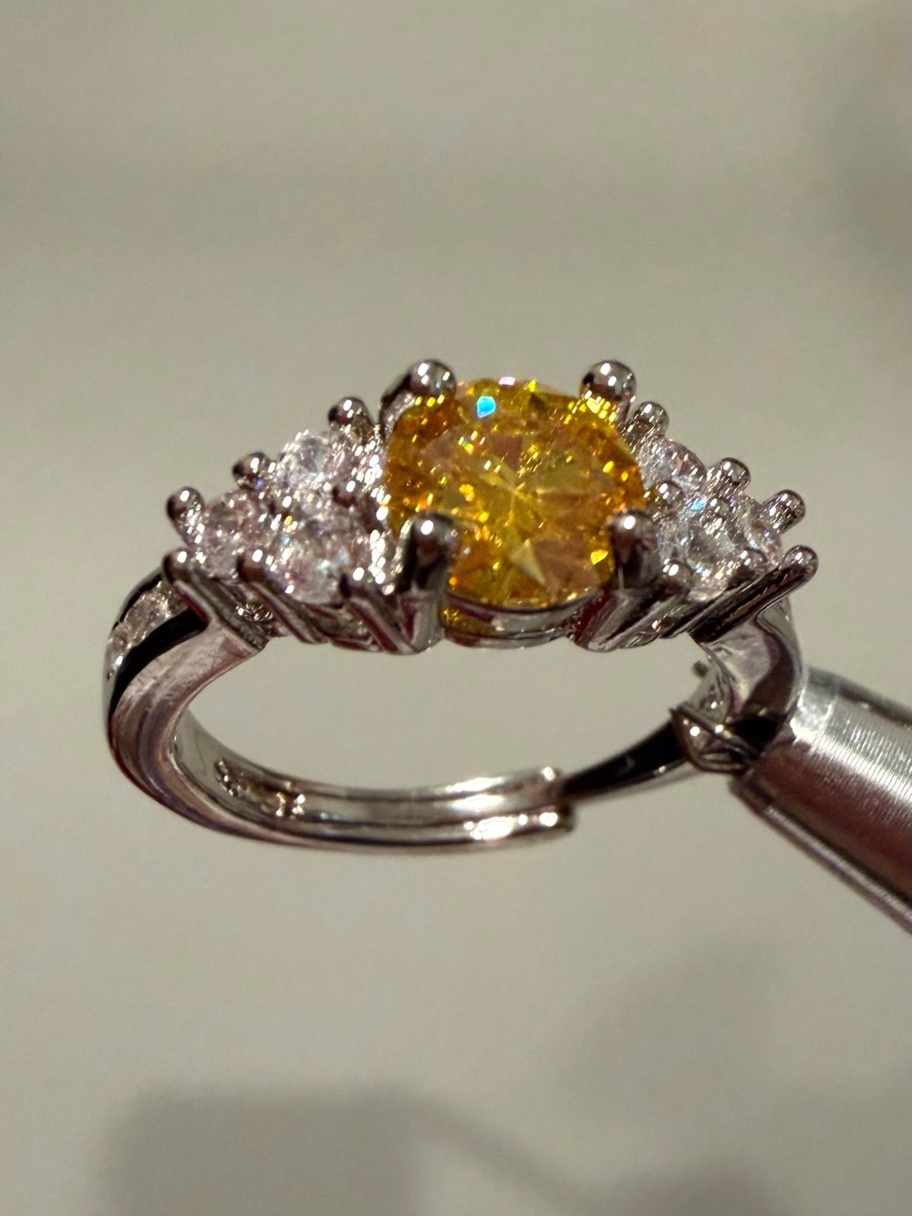 Rare GRA YELLOW -MOISSANITE Silver Plated Adjustable Ring